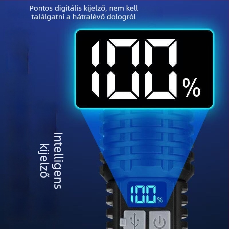 Új tölthető LED zseblámpa digitális kijelzővel, kézi hajtású, 8W, 1500mAh, hatótávolság 100–200 m, több üzemmód