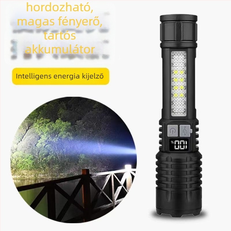 Új tölthető LED zseblámpa digitális kijelzővel, kézi hajtású, 8W, 1500mAh, hatótávolság 100–200 m, több üzemmód