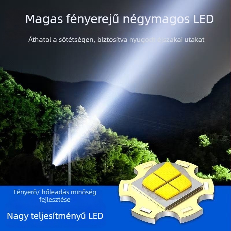 Új tölthető LED zseblámpa digitális kijelzővel, kézi hajtású, 8W, 1500mAh, hatótávolság 100–200 m, több üzemmód