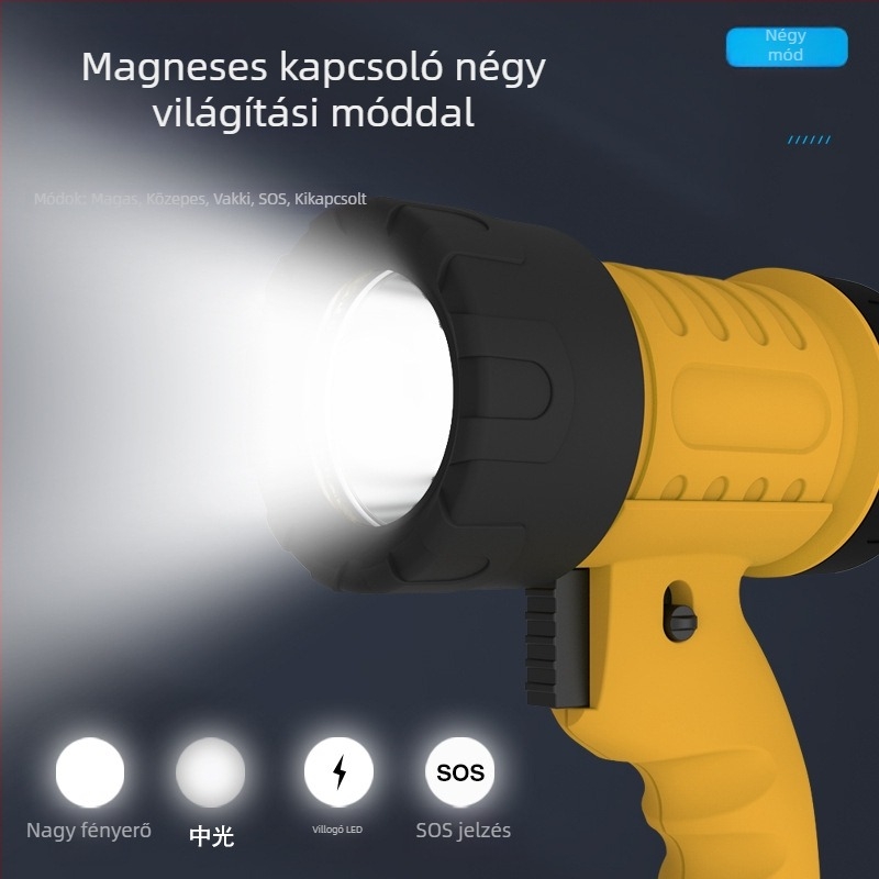 Pailide hordozható LED keresőlámpa hosszú hatótávval, USB töltés, 18W, 5200 mAh, ABS ház