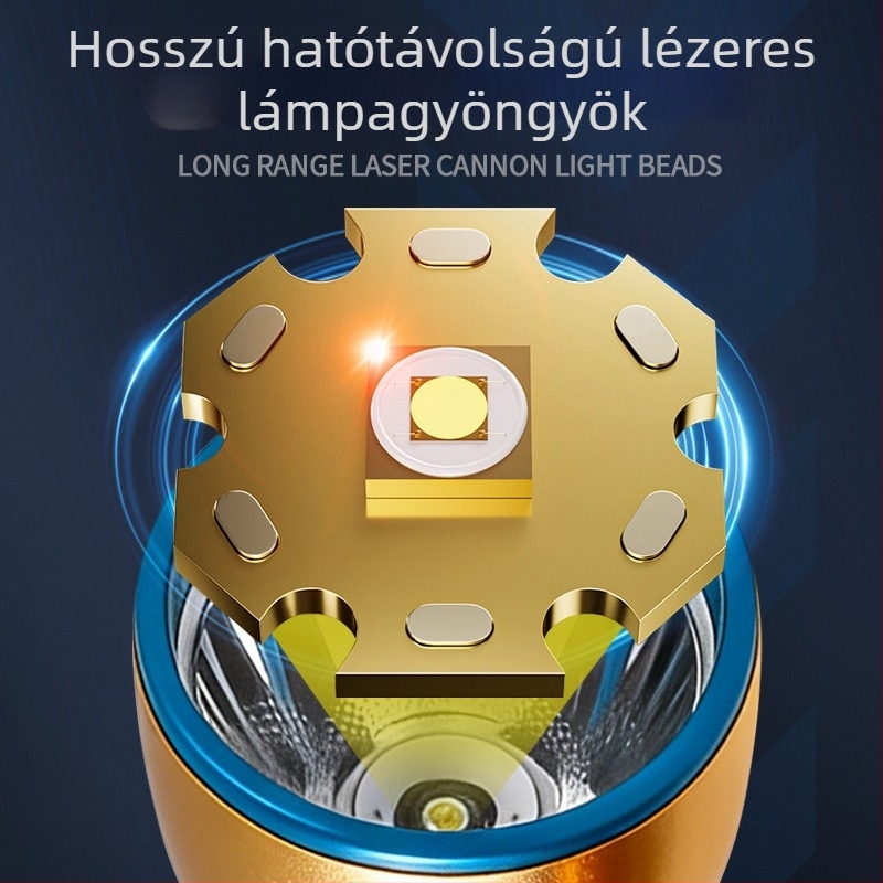 Kemping LED zseblámpa újratölthető, ultra‑fényes, hosszú hatótávolságú, hordozható, alumíniumötvözet test, vízálló