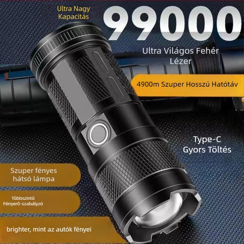 Cső alakú LED elemlámpa állítható fókuszálással – újratölthető, 1500mAh, 10W, 100–200 m hatótáv, ABS test