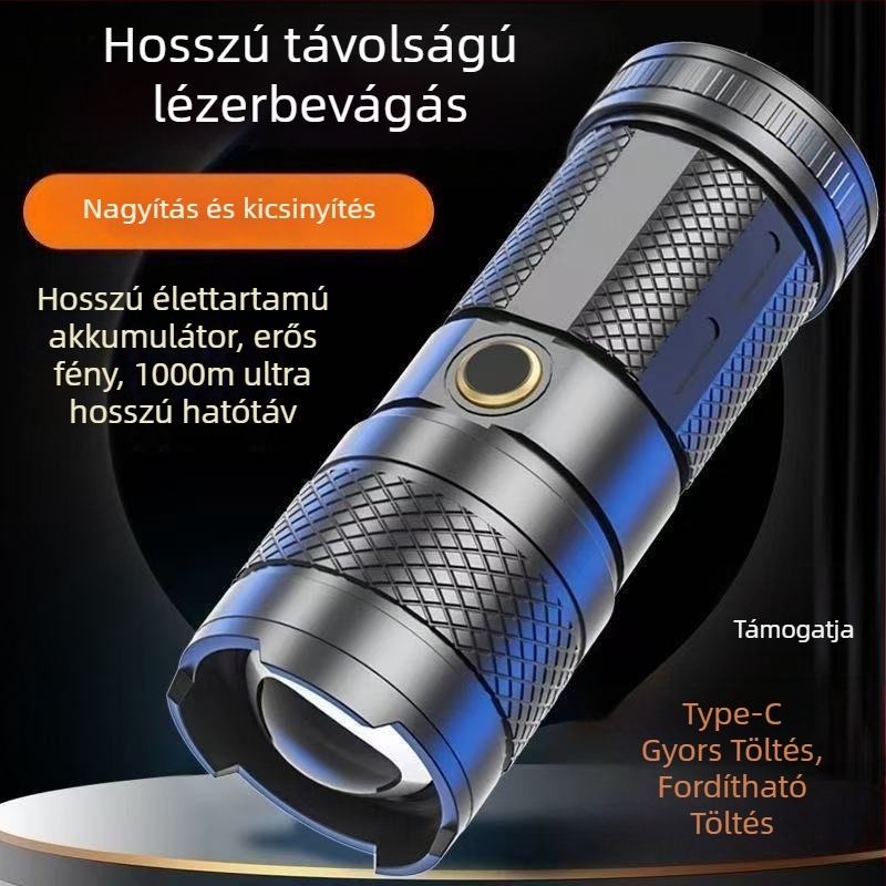Cső alakú LED elemlámpa állítható fókuszálással – újratölthető, 1500mAh, 10W, 100–200 m hatótáv, ABS test