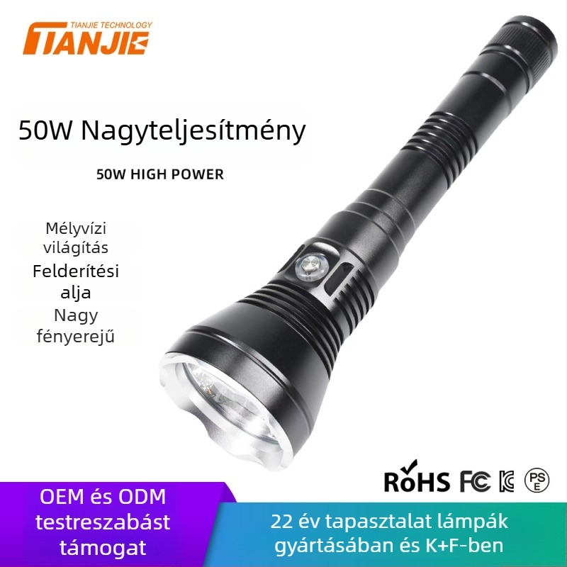 50W LED búvárlámpa, vízálló, alumíniumötvözet, újratölthető, hatótávolság 500 m