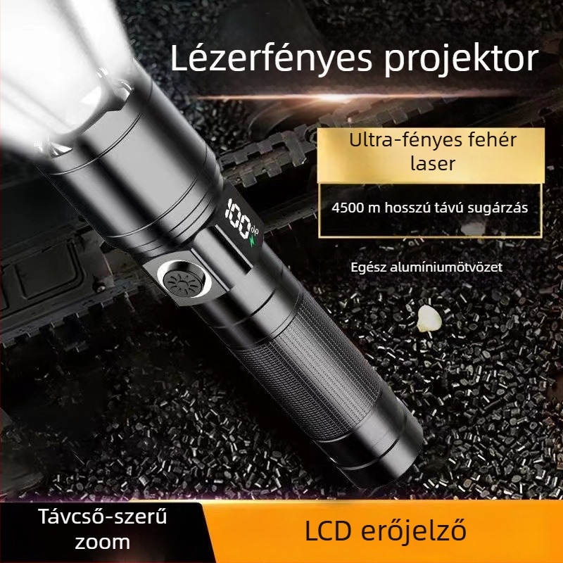 Újratölthető LED zseblámpa 360°-os forgó fejjel, 1800 mAh akkumulátor, hatótávolság akár 500 m, többfunkciós kültéri használatra