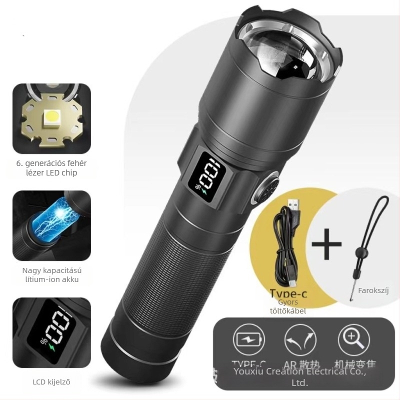 Újratölthető LED zseblámpa 360°-os forgó fejjel, 1800 mAh akkumulátor, hatótávolság akár 500 m, többfunkciós kültéri használatra