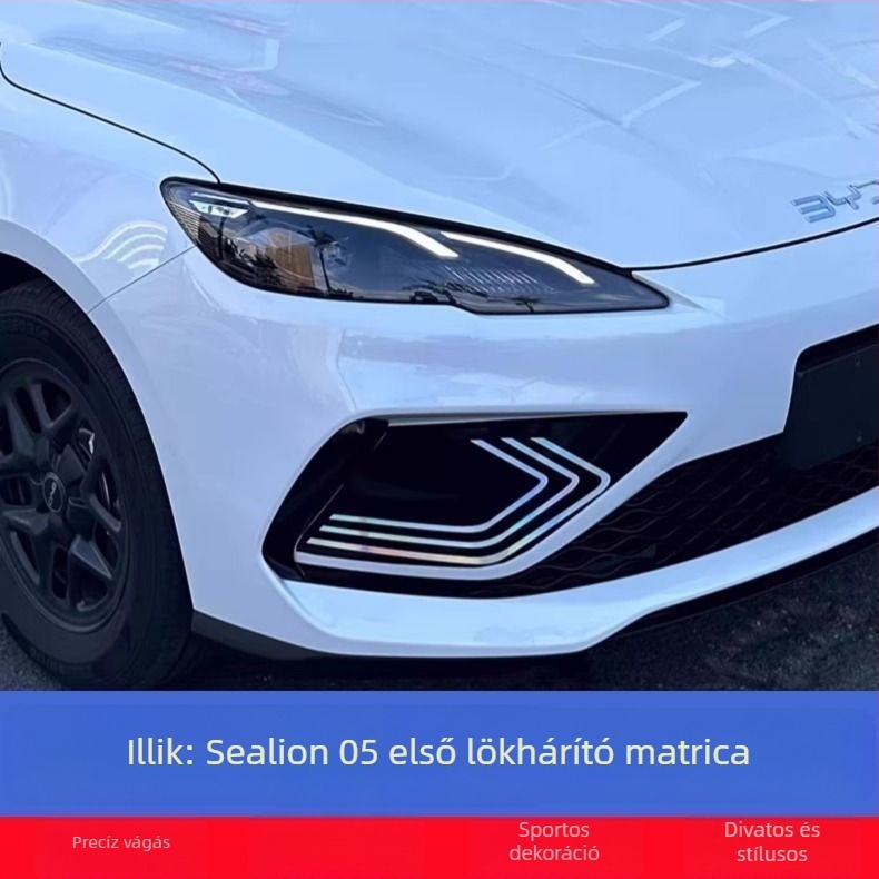 BYD Seal 05Dmihoz: első lökhárító dekoratív matrica, elülső rész dekoratív csíkok, ködfényszóró matricák, az autó első részének módosító fólia