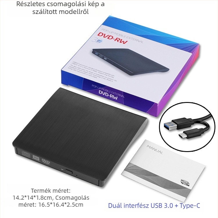 USB-C külső DVD író (SY898) 8x DVD és 24x CD olvasás/írás, USB-C interfész, külső eszköz, DVD-RW/DVD-RAM támogatás