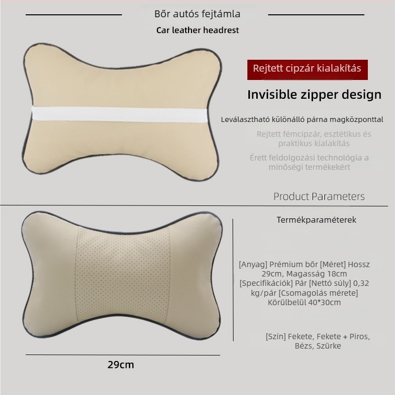 Autófejtámasz párna műbőrből, töltet gyapot, minden évszakhoz, egyszerű stílus