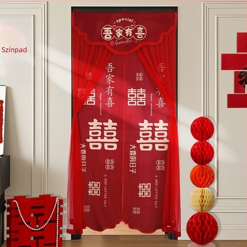 Esküvői ajtófüggöny hímzett boldog karakterekkel, anyaga textil, esküvői dekorációhoz és szobai díszítéshez