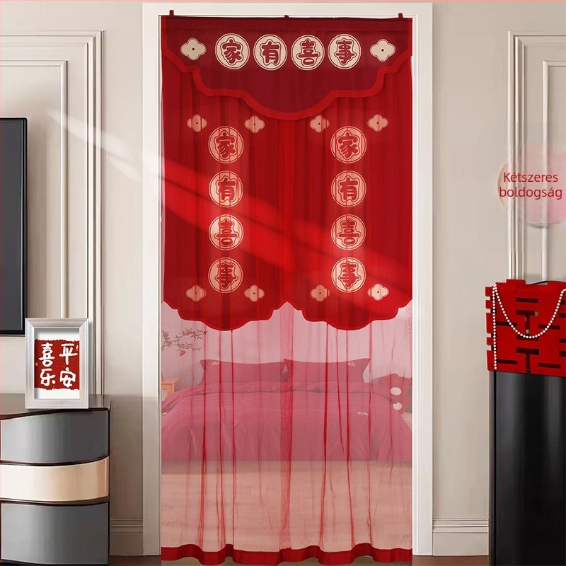 Esküvői ajtófüggöny hímzett boldog karakterekkel, anyaga textil, esküvői dekorációhoz és szobai díszítéshez