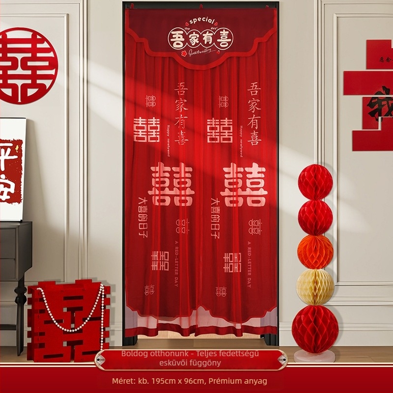 Esküvői ajtófüggöny hímzett boldog karakterekkel, anyaga textil, esküvői dekorációhoz és szobai díszítéshez