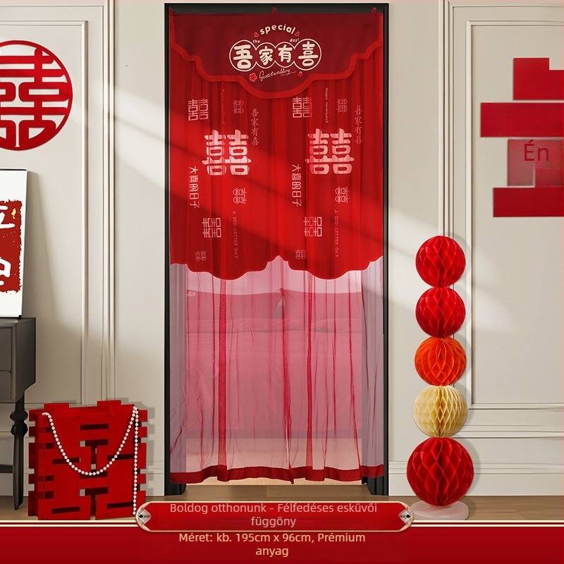 Esküvői ajtófüggöny hímzett boldog karakterekkel, anyaga textil, esküvői dekorációhoz és szobai díszítéshez