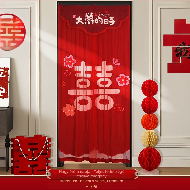 Esküvői ajtófüggöny hímzett boldog karakterekkel, anyaga textil, esküvői dekorációhoz és szobai díszítéshez