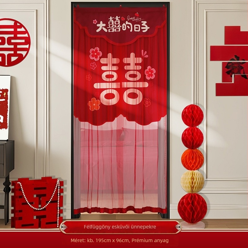 Esküvői ajtófüggöny hímzett boldog karakterekkel, anyaga textil, esküvői dekorációhoz és szobai díszítéshez