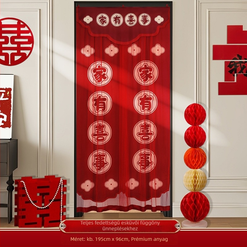 Esküvői ajtófüggöny hímzett boldog karakterekkel, anyaga textil, esküvői dekorációhoz és szobai díszítéshez