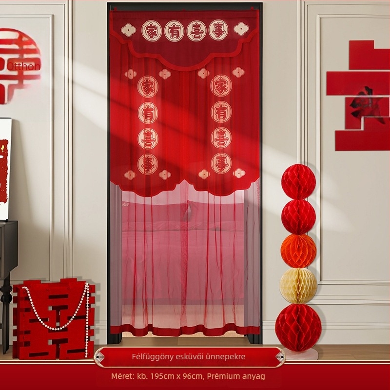 Esküvői ajtófüggöny hímzett boldog karakterekkel, anyaga textil, esküvői dekorációhoz és szobai díszítéshez