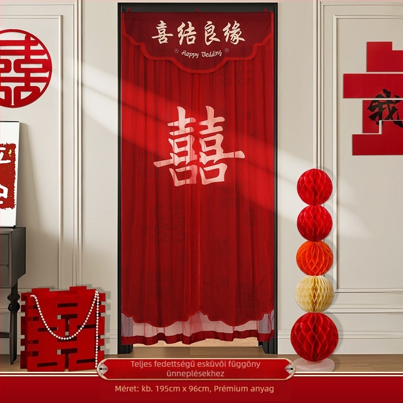 Esküvői ajtófüggöny hímzett boldog karakterekkel, anyaga textil, esküvői dekorációhoz és szobai díszítéshez