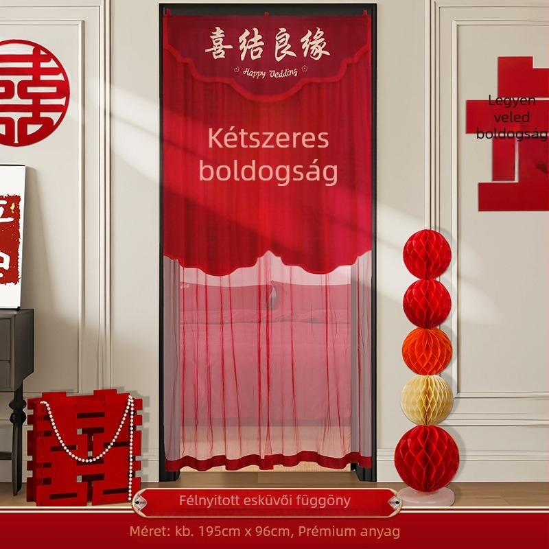 Esküvői ajtófüggöny hímzett boldog karakterekkel, anyaga textil, esküvői dekorációhoz és szobai díszítéshez