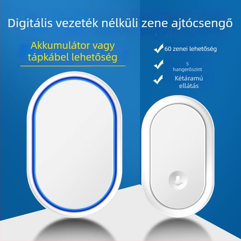 Vezeték nélküli ajtócsengő, DC működtetésű akkumulátorral, akár 300 m hatótávolság, 60 dallam, 5 hangerő-szint, modell A99-dc, márka Cacazi