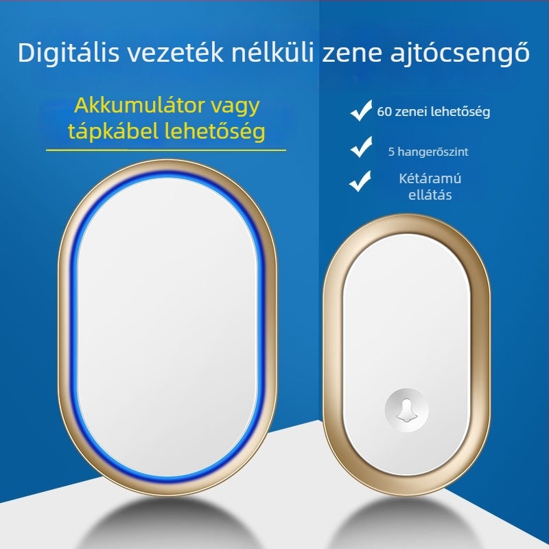 Vezeték nélküli ajtócsengő, DC működtetésű akkumulátorral, akár 300 m hatótávolság, 60 dallam, 5 hangerő-szint, modell A99-dc, márka Cacazi