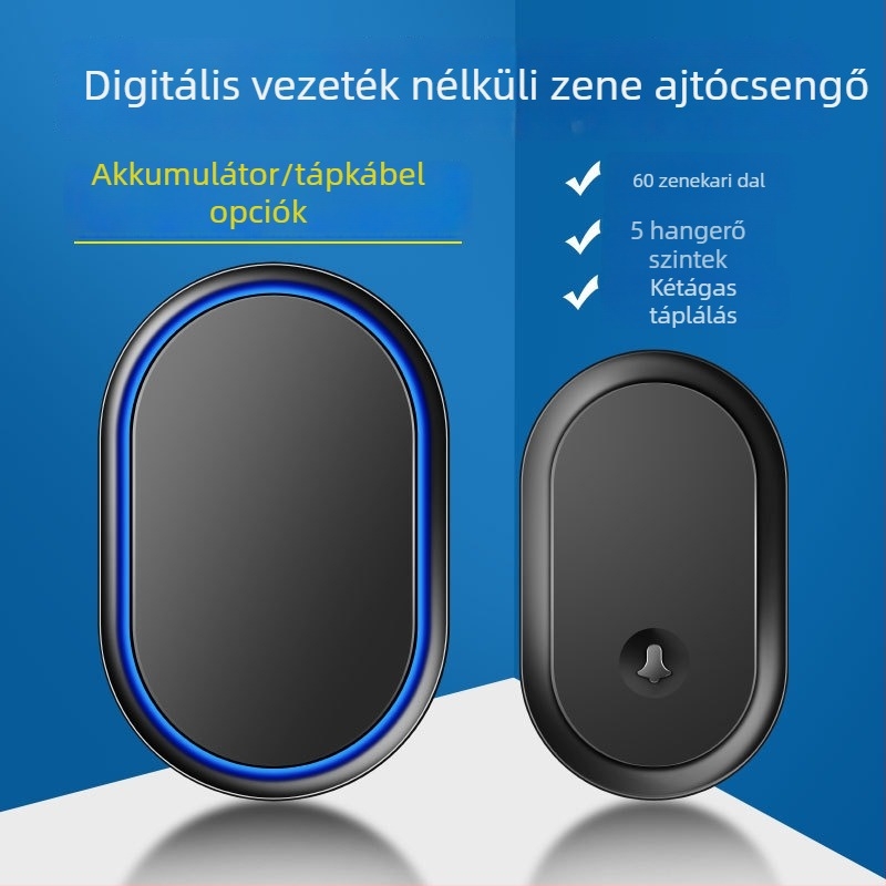 Vezeték nélküli ajtócsengő, DC működtetésű akkumulátorral, akár 300 m hatótávolság, 60 dallam, 5 hangerő-szint, modell A99-dc, márka Cacazi