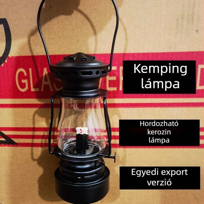 Great Fire retro kültéri petróleumlámpa kempingezéshez – hordozható olajlámpa forgókapcsolóval; energiaforrás: kinetikus energiaátalakítás; tartó tin-zinc ötvözet, üvegbúra; súly kb. 300 g