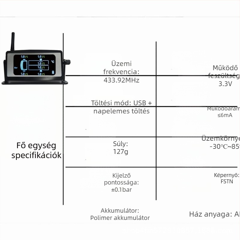 Teherautók gumiabroncs-nyomásfigyelő rendszere – 6 szenzor, külső napelemes ellátás, digitális kijelző, magas pontosság, modell HB06T-1506