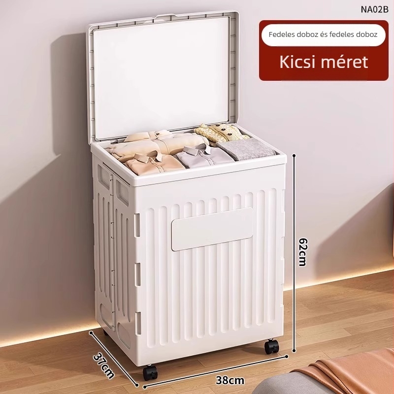 Ruhatároló doboz billenthető fedéllel, 0-5 L kapacitás, PP anyag, csíkos mintázat, görgőkkel