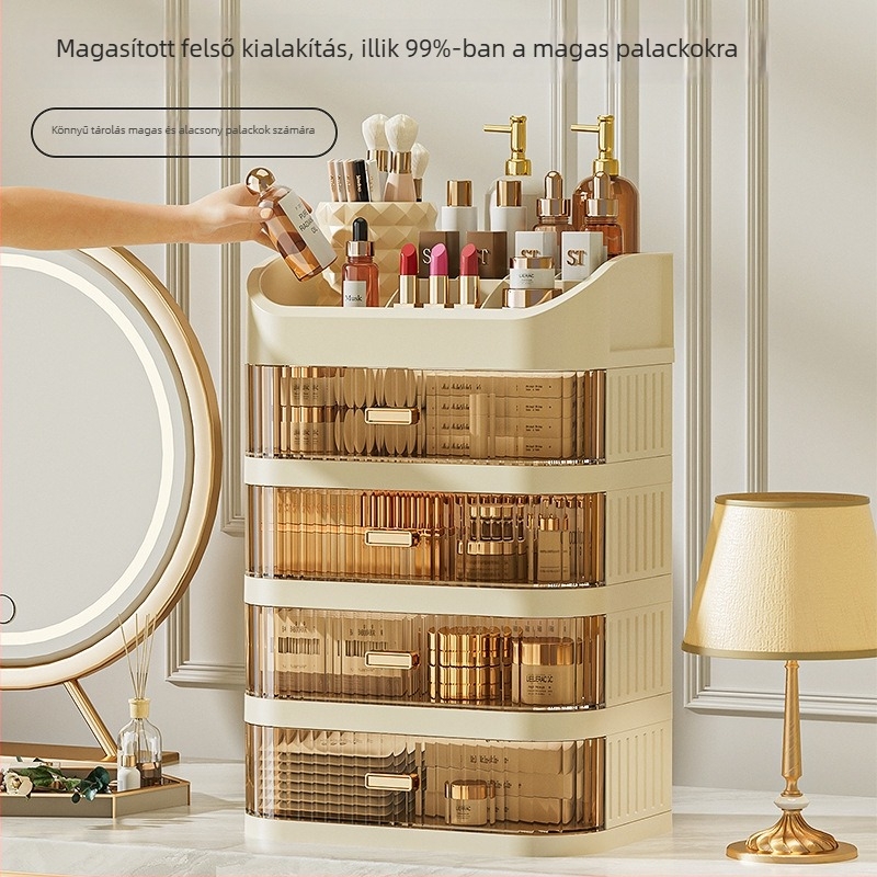 Sminktartó tároló doboz — fiókos típus, Guduoduo; PET+PP anyag, nagy kapacitás