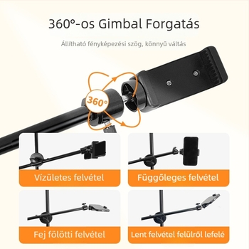 Padlón álló trepied élő közvetítéshez tablet/telefonhoz; vízszintes rúd és kinyúló kar. Anyag: vascső; Teherbírás: 2–5 kg; Csőátmérő: 16–19 mm; Csatlakozások száma: 1; Súly: 180 g