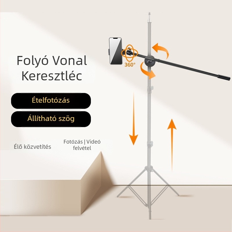 Padlón álló trepied élő közvetítéshez tablet/telefonhoz; vízszintes rúd és kinyúló kar. Anyag: vascső; Teherbírás: 2–5 kg; Csőátmérő: 16–19 mm; Csatlakozások száma: 1; Súly: 180 g