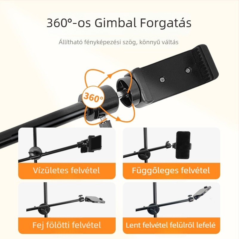 Padlón álló trepied élő közvetítéshez tablet/telefonhoz; vízszintes rúd és kinyúló kar. Anyag: vascső; Teherbírás: 2–5 kg; Csőátmérő: 16–19 mm; Csatlakozások száma: 1; Súly: 180 g