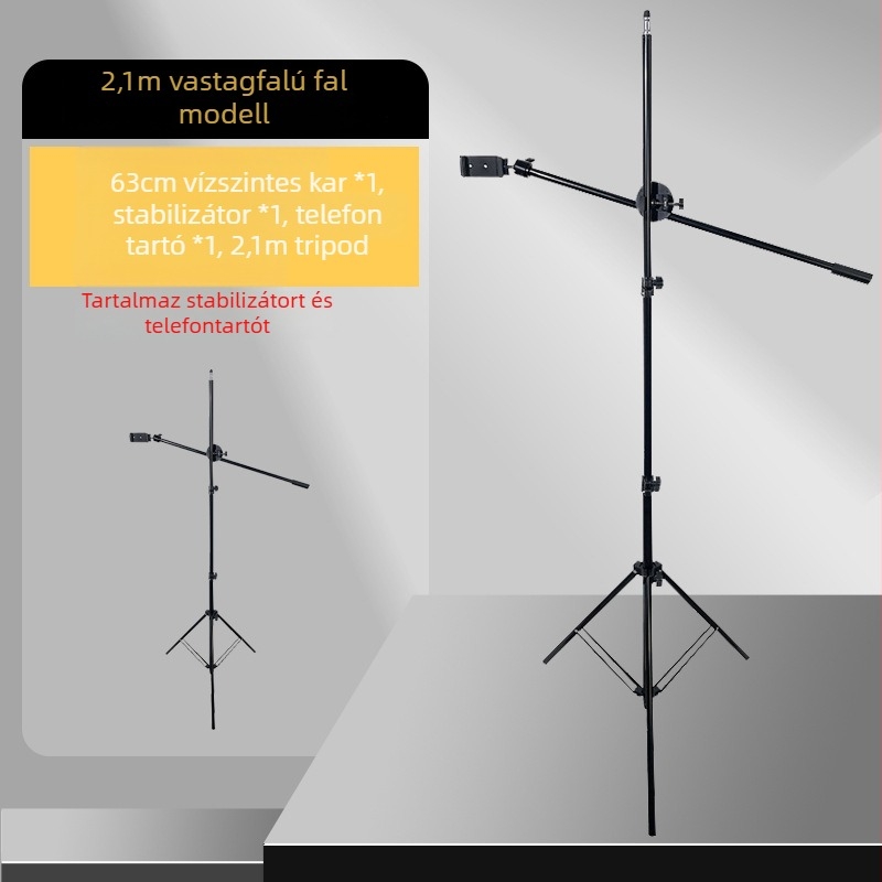 Padlón álló trepied élő közvetítéshez tablet/telefonhoz; vízszintes rúd és kinyúló kar. Anyag: vascső; Teherbírás: 2–5 kg; Csőátmérő: 16–19 mm; Csatlakozások száma: 1; Súly: 180 g