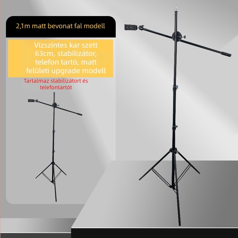 Padlón álló trepied élő közvetítéshez tablet/telefonhoz; vízszintes rúd és kinyúló kar. Anyag: vascső; Teherbírás: 2–5 kg; Csőátmérő: 16–19 mm; Csatlakozások száma: 1; Súly: 180 g