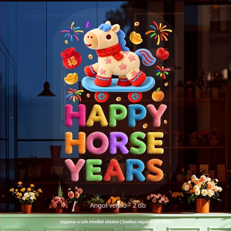 Ablak virág statikus matrica – 5D bársony ló év motívum, PVC, Opp zacskós csomagolás, cikkszám 5DJDT