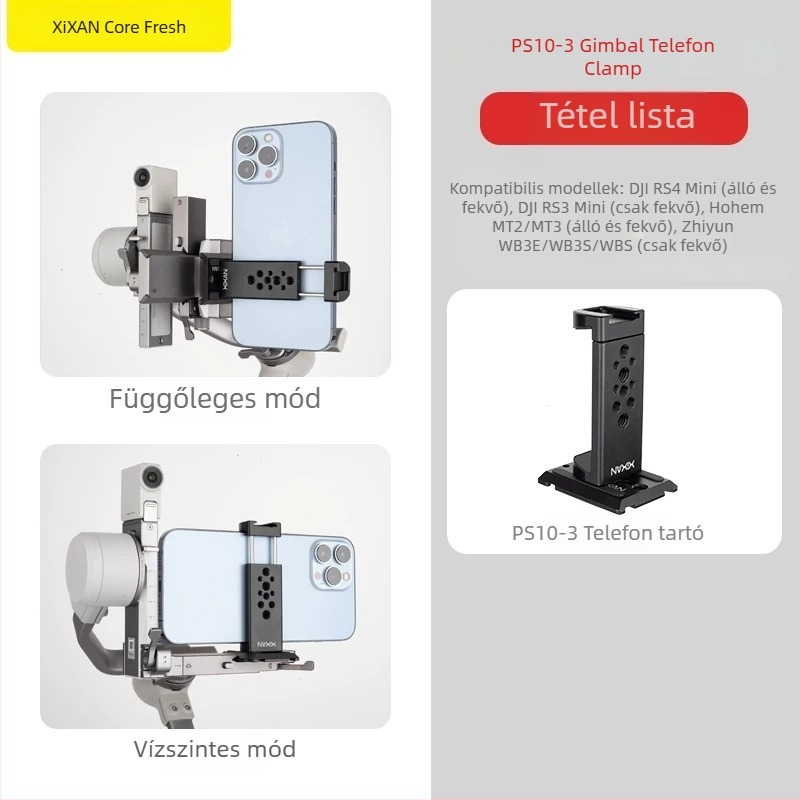 Okostelefon-klipsz DJI RS3 Mini/4 stabilizátorhoz (vízszintes és függőleges használat), alumíniumötvözet, max terhelés 2 kg