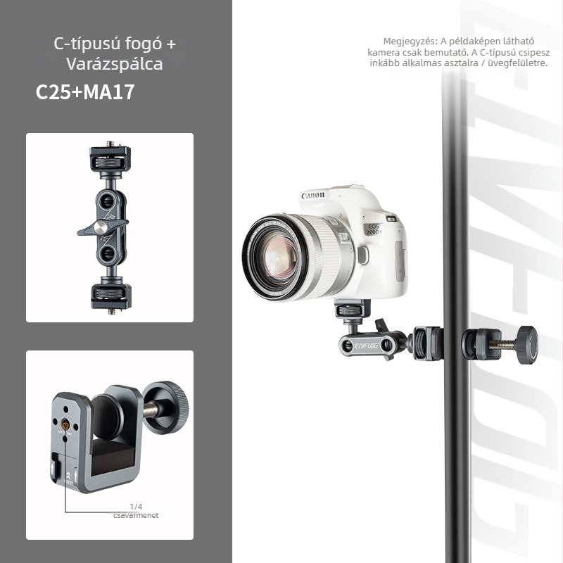 Képfelvételi állvány alumínium ötvözetből, 2 részes kialakítás, teherbírás 1–3 kg, működési magasság 50 mm, tömeg 105 g, márka Eivf log