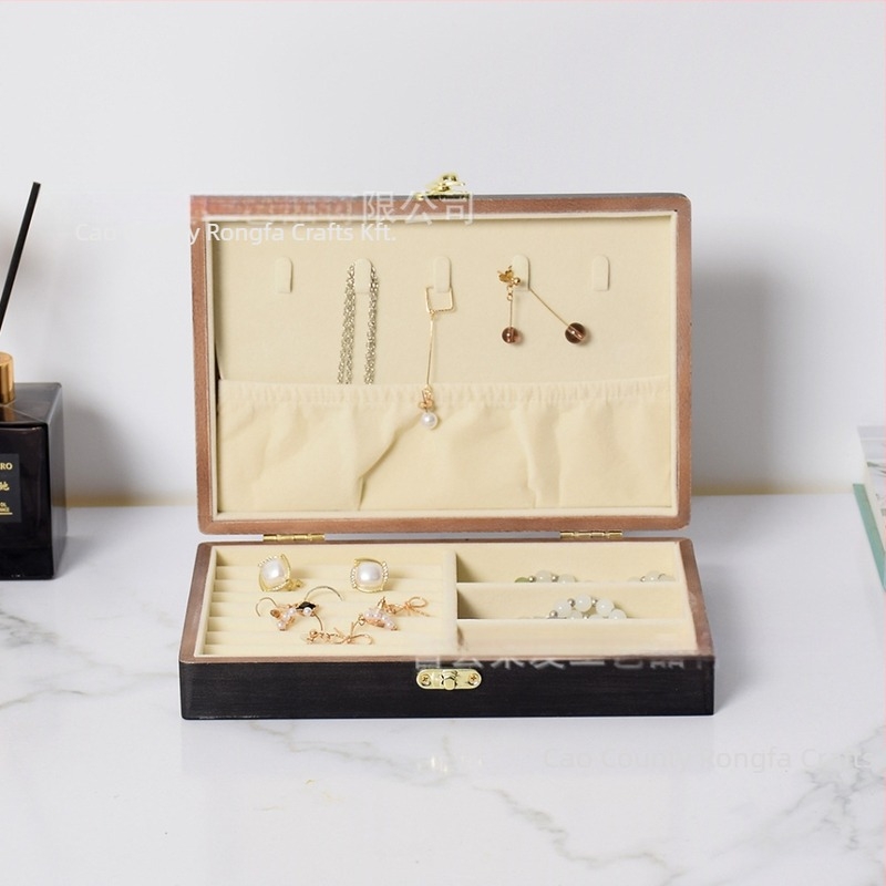 Fából készült asztali ékszerdoboz fedéllel, láncok és gyűrűk tárolására, modern minimalista stílus, geometriai mintázat, kapacitás 0.5