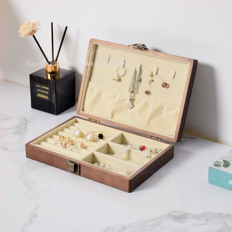 Fából készült asztali ékszerdoboz fedéllel, láncok és gyűrűk tárolására, modern minimalista stílus, geometriai mintázat, kapacitás 0.5