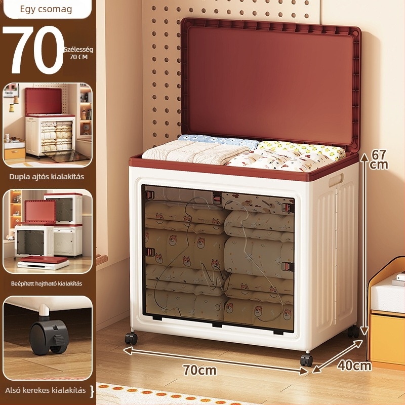 PP műanyag tároló doboz fedővel, hajtogatható, 100–150 L kapacitás, görgőkkel