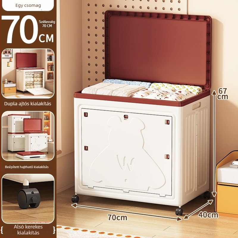 PP műanyag tároló doboz fedővel, hajtogatható, 100–150 L kapacitás, görgőkkel