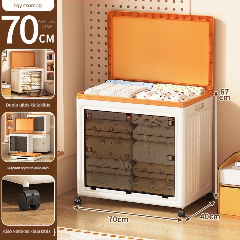 PP műanyag tároló doboz fedővel, hajtogatható, 100–150 L kapacitás, görgőkkel