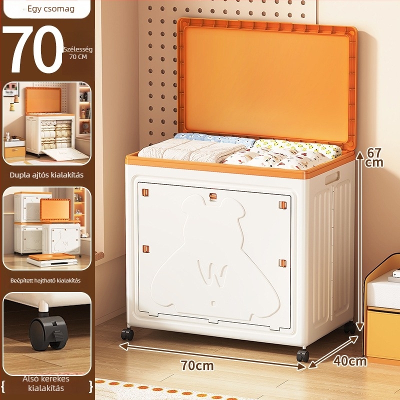 PP műanyag tároló doboz fedővel, hajtogatható, 100–150 L kapacitás, görgőkkel