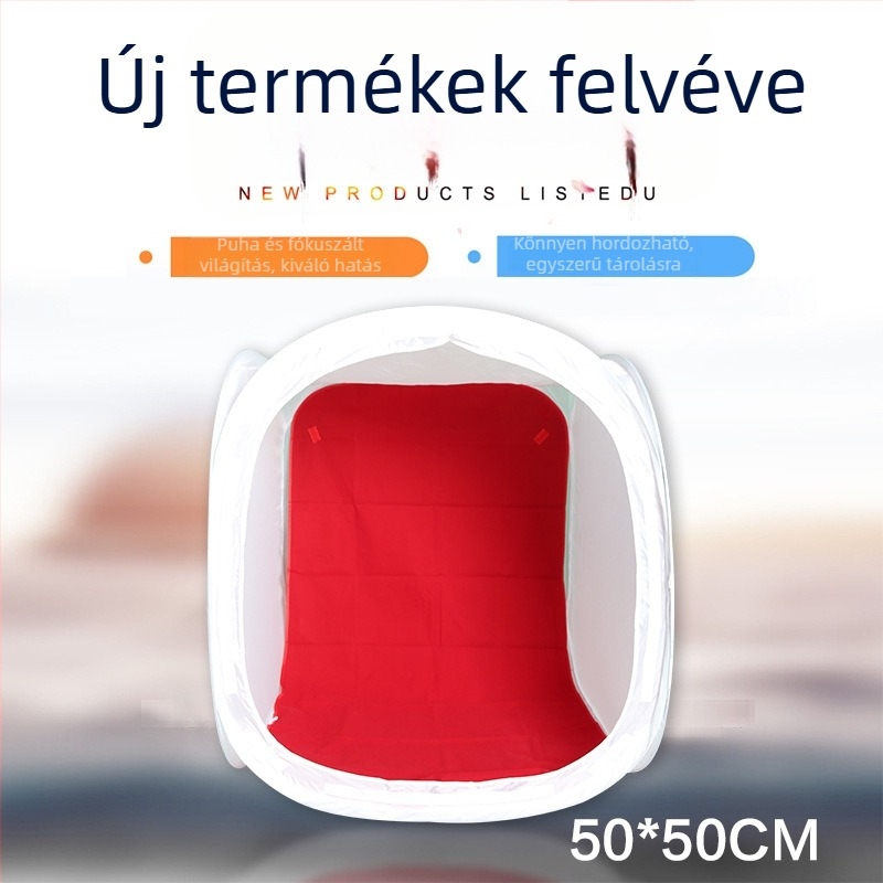 Hordozható Soft Light Box termékfotózásra; anyag: puha fényvászon; belső fehér flockos felület; többfunkciós kialakítás; tartalmaz 4 színes hátteret; súly 1–4 kg