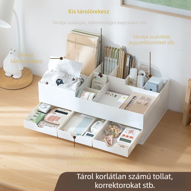 Asztali tároló doboz SD-9166, PP műanyag, fiókkal és tolltartóval, 100% új anyag