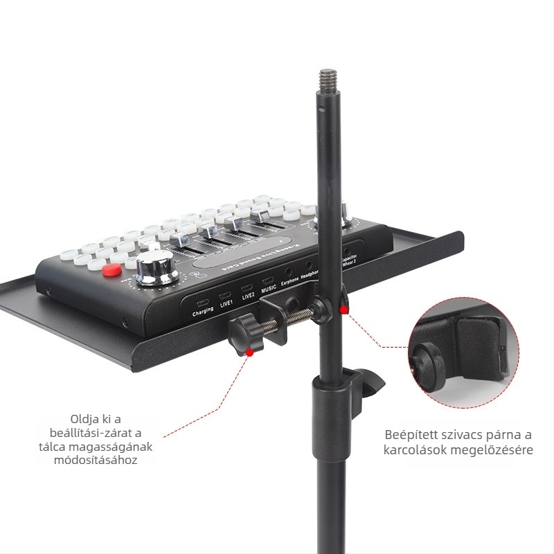 Fém mikrofonállvány hangkártya tálcával, modell Sound Card Tray, a HZM&C-től, élő közvetítéshez