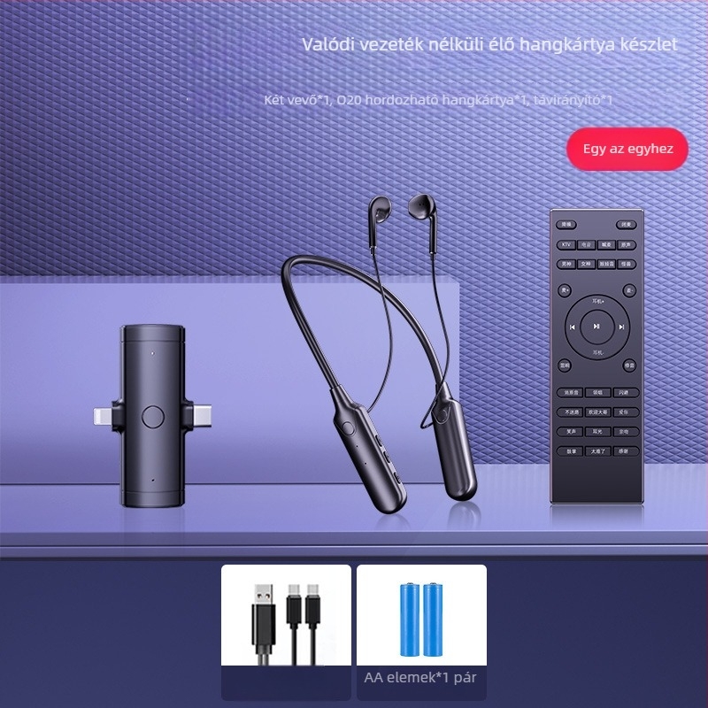 Élő közvetítésre szánt mikrofon beépített hangkártyával — készlet számítógéphez és kamerákhoz, omnidirekcionális, 40 Hz–20 kHz, SNR ≥95 dB, beépített Akkumulátor, üzemidő 6–8 óra, méretei 45×45×10 mm