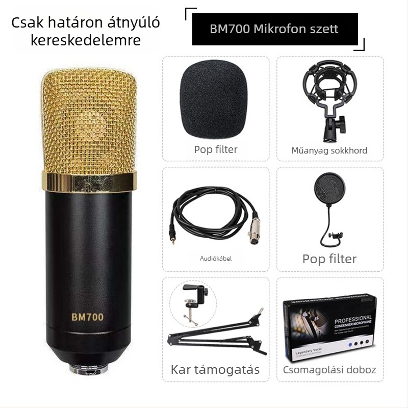BM700 USB Kondenzátor Mikrofonnal Élő Közvetítéshez Kardioid Mintázat, 20 Hz–20 kHz, SNR ≥85 dB, USB Teljes Készlet
