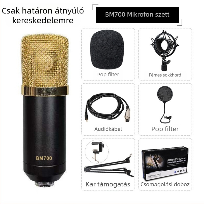 BM700 USB Kondenzátor Mikrofonnal Élő Közvetítéshez Kardioid Mintázat, 20 Hz–20 kHz, SNR ≥85 dB, USB Teljes Készlet